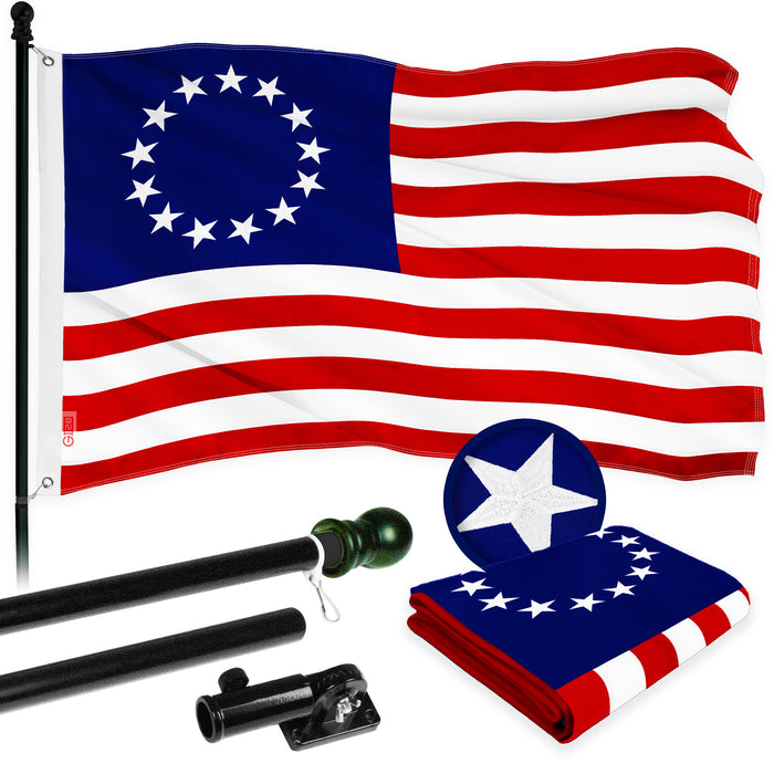 G128 Combo Pack: 5 Ft Tangle Free Aluminum Spinning Flagpole (Black) & Betsy Ross Flag 2.5x4 Ft, ToughWeave Series Embroidered 300D Polyester | Pole with Flag Included