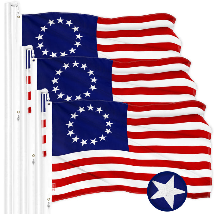 G128 3 Pack: Betsy Ross Flag | 2x3 Ft | ToughWeave Series Embroidered 300D Polyester | Historical Flag, Embroidered Design, Indoor/Outdoor, Brass Grommets