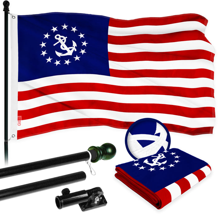 G128 Combo Pack: 6 Ft Tangle Free Aluminum Spinning Flagpole (Black) & American USA Yacht Ensign Flag 3x5 Ft, ToughWeave Series Embroidered 300D Polyester | Pole with Flag Included