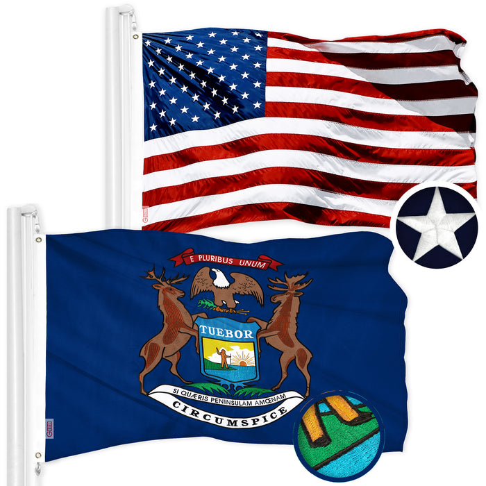 G128 Combo Pack: American USA Flag 3x5 Ft & Michigan MI State Flag 3x5 Ft | Both ToughWeave Series Embroidered 300D Polyester, Embroidered Design, Indoor/Outdoor, Brass Grommets