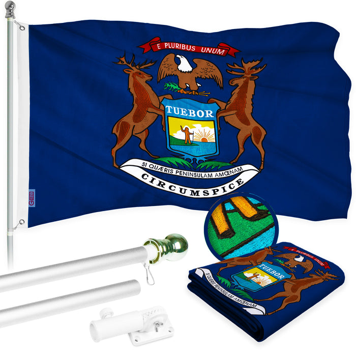 G128 Combo Pack: 6 Ft Tangle Free Aluminum Spinning Flagpole (Silver) & Michigan MI State Flag 3x5 Ft, ToughWeave Series Embroidered 300D Polyester | Pole with Flag Included
