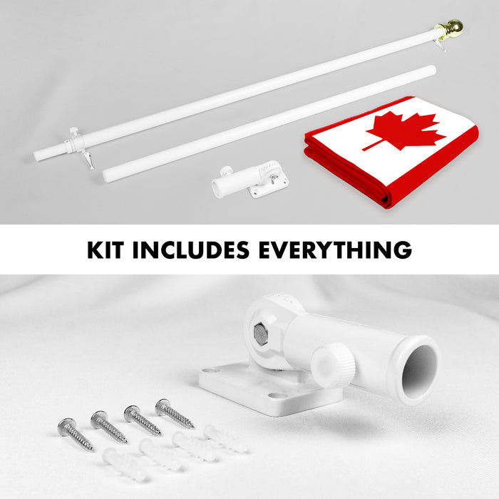 G128 Combo Pack: 5 Ft Tangle Free Aluminum Spinning Flagpole (White) & Canada Canadian Flag 2x3 Ft, ToughWeave Series Embroidered 210D Polyester | Pole with Flag Included