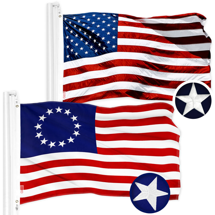 G128 Combo Pack: American USA Flag 4x6 Ft & Betsy Ross Flag 4x6 Ft | Both ToughWeave Series Embroidered 300D Polyester, Embroidered Design, Indoor/Outdoor, Brass Grommets