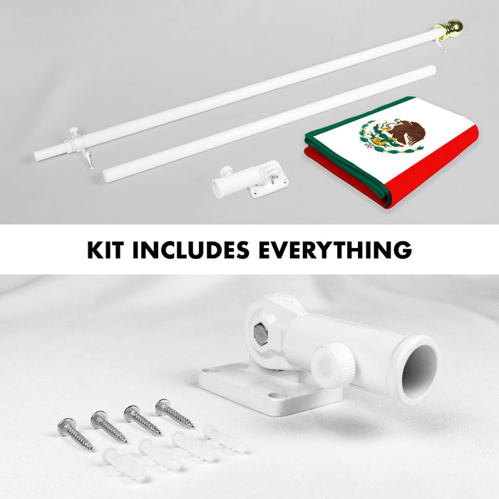 G128 Combo Pack: 5 Ft Tangle Free Aluminum Spinning Flagpole (White) & Mexico Mexican Flag 2x3 Ft, ToughWeave Series Embroidered 300D Polyester | Pole with Flag Included