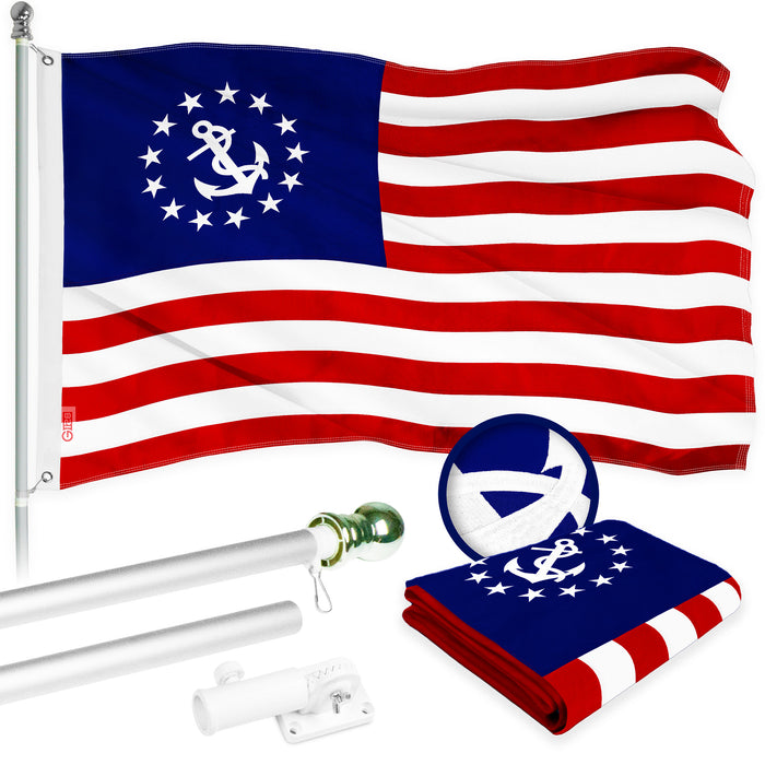 G128 Combo Pack: 6 Ft Tangle Free Aluminum Spinning Flagpole (Silver) & American USA Yacht Ensign Flag 3x5 Ft, ToughWeave Series Embroidered 300D Polyester | Pole with Flag Included