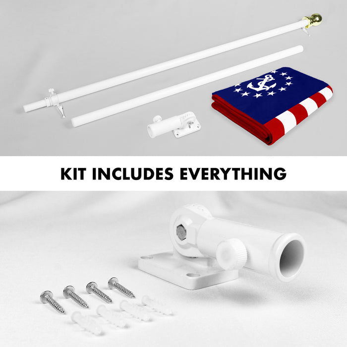 G128 Combo Pack: 6 Ft Tangle Free Aluminum Spinning Flagpole (White) & American USA Yacht Ensign Flag 3x5 Ft, ToughWeave Series Embroidered 300D Polyester | Pole with Flag Included