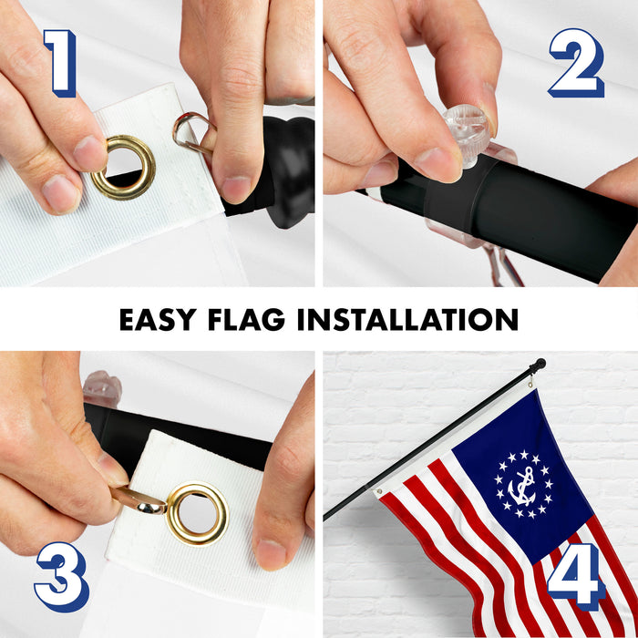 G128 Combo Pack: 5 Ft Tangle Free Aluminum Spinning Flagpole (Black) & American USA Yacht Ensign Flag 2.5x4 Ft, ToughWeave Series Embroidered 300D Polyester | Pole with Flag Included
