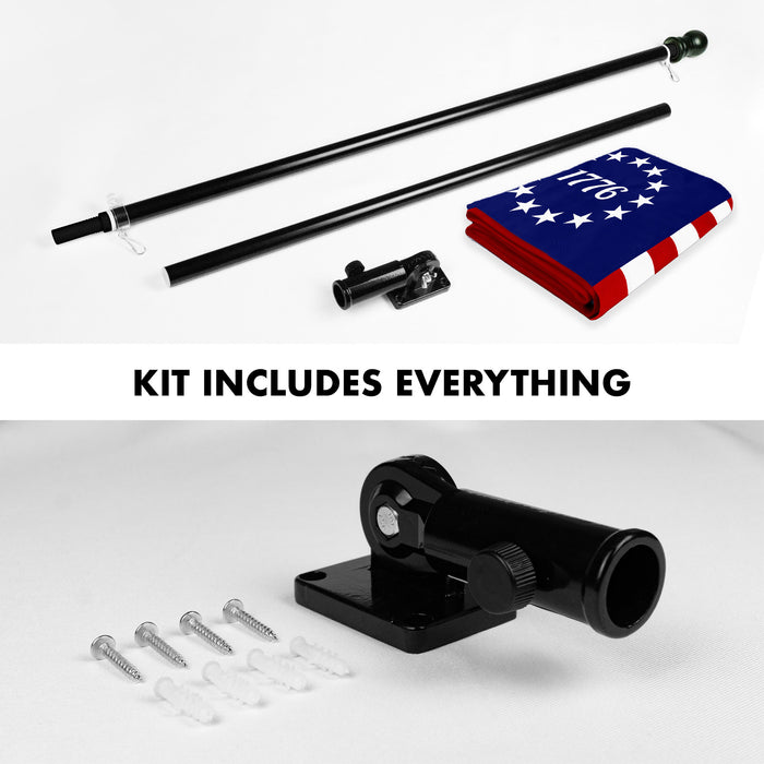 G128 Combo Pack: 6 Ft Tangle Free Aluminum Spinning Flagpole (Black) & Betsy Ross 1776 Flag 3x5 Ft, ToughWeave Series Embroidered 300D Polyester | Pole with Flag Included