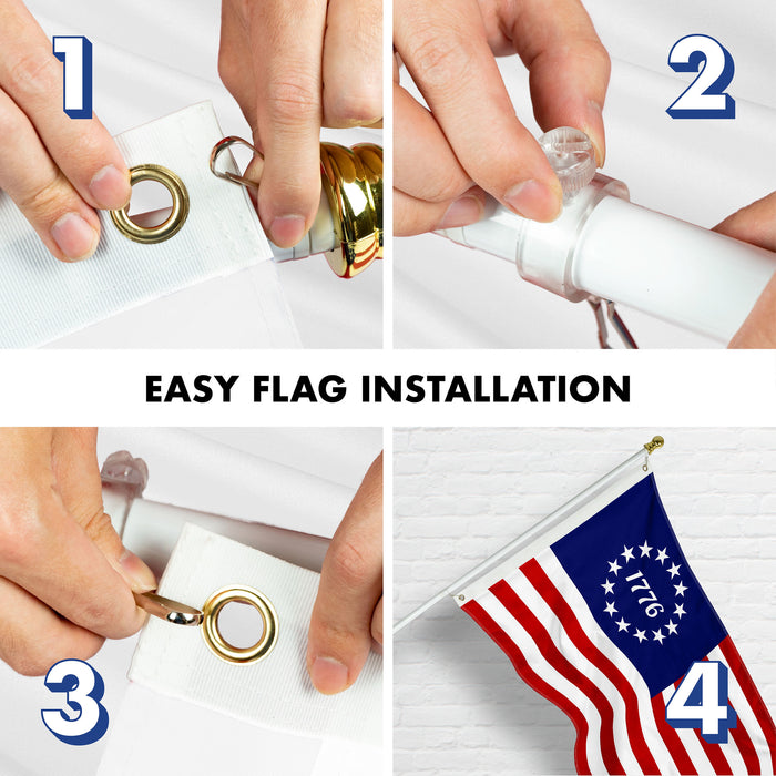 G128 Combo Pack: 5 Ft Tangle Free Aluminum Spinning Flagpole (White) & Betsy Ross 1776 Flag 2x3 Ft, ToughWeave Series Embroidered 300D Polyester | Pole with Flag Included