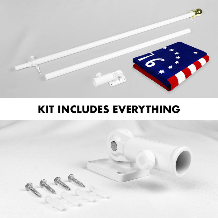 G128 Combo Pack: 5 Ft Tangle Free Aluminum Spinning Flagpole (White) & Bennington 76 Flag 2.5x4 Ft, ToughWeave Series Embroidered 300D Polyester | Pole with Flag Included
