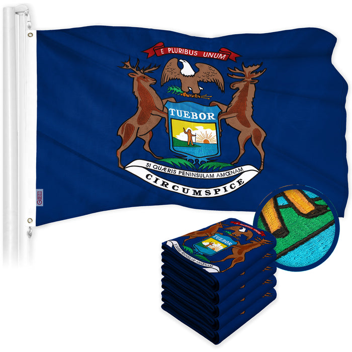 G128 5 Pack: Michigan MI State Flag | 3x5 Ft | ToughWeave Series Embroidered 300D Polyester | Embroidered Design, Indoor/Outdoor, Brass Grommets