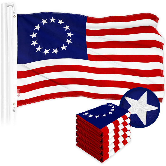 G128 5 Pack: Betsy Ross Flag | 4x6 Ft | ToughWeave Series Embroidered 300D Polyester | Historical Flag, Embroidered Design, Indoor/Outdoor, Brass Grommets