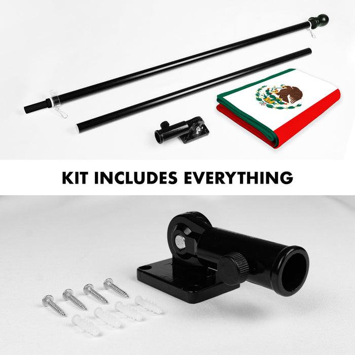 G128 Combo Pack: 5 Ft Tangle Free Aluminum Spinning Flagpole (Black) & Mexico Mexican Flag 2.5x4 Ft, ToughWeave Series Embroidered 300D Polyester | Pole with Flag Included
