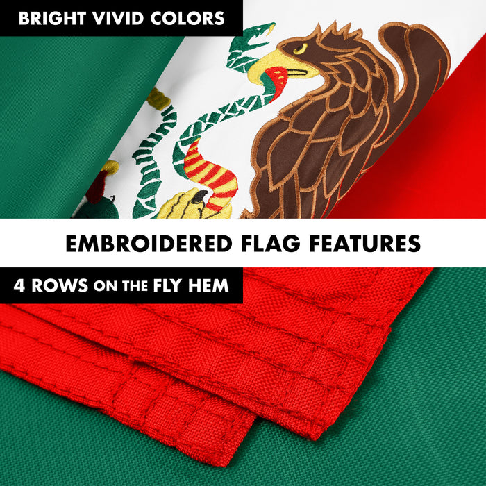 G128 Combo Pack: 5 Ft Tangle Free Aluminum Spinning Flagpole (Silver) & Mexico Mexican Flag 2.5x4 Ft, ToughWeave Series Embroidered 300D Polyester | Pole with Flag Included
