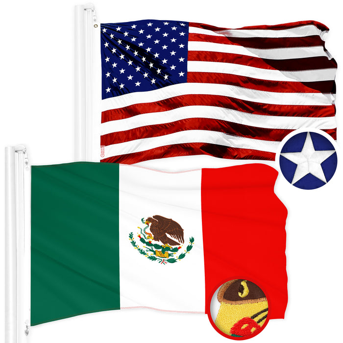 G128 Combo Pack: American USA Flag 4x6 Ft & Mexico Mexican Flag 4x6 Ft | Both ToughWeave Series Embroidered 300D Polyester, Embroidered Design, Indoor/Outdoor, Brass Grommets