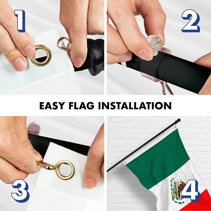 G128 Combo Pack: 5 Ft Tangle Free Aluminum Spinning Flagpole (Black) & Mexico Mexican Flag 2x3 Ft, ToughWeave Series Embroidered 300D Polyester | Pole with Flag Included