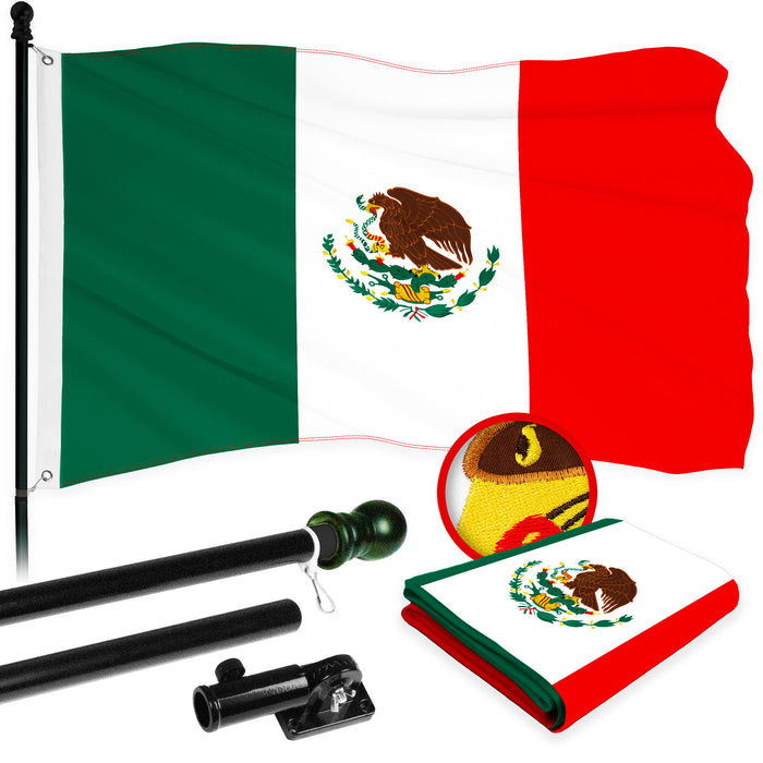 G128 Combo Pack: 5 Ft Tangle Free Aluminum Spinning Flagpole (Black) & Mexico Mexican Flag 2x3 Ft, ToughWeave Series Embroidered 300D Polyester | Pole with Flag Included