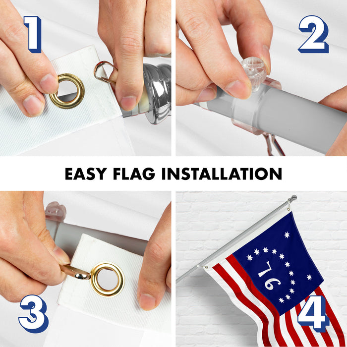 G128 Combo Pack: 5 Ft Tangle Free Aluminum Spinning Flagpole (Silver) & Bennington 76 Flag 2.5x4 Ft, ToughWeave Series Embroidered 300D Polyester | Pole with Flag Included