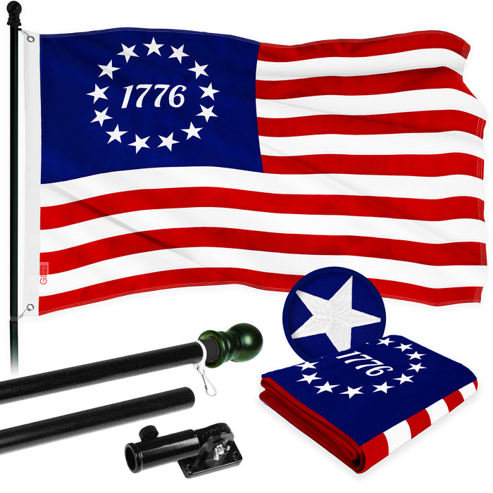 G128 Combo Pack: 6 Ft Tangle Free Aluminum Spinning Flagpole (Black) & Betsy Ross 1776 Flag 3x5 Ft, ToughWeave Series Embroidered 300D Polyester | Pole with Flag Included