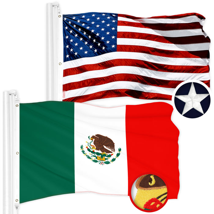 G128 Combo Pack: American USA Flag 6x10 Ft & Mexico Mexican Flag 6x10 Ft | Both ToughWeave Series Embroidered 300D Polyester, Embroidered Design, Indoor/Outdoor, Brass Grommets