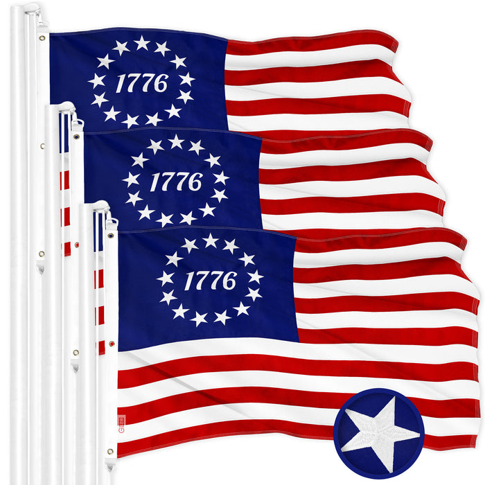 G128 3 Pack: Betsy Ross 1776 Flag | 6x10 Ft | ToughWeave Series Embroidered 300D Polyester | Historical Flag, Embroidered Design, Indoor/Outdoor, Brass Grommets