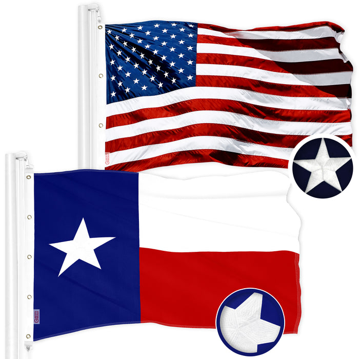 G128 Combo Pack: American USA Flag 8x12 Ft & Texas TX State Flag 8x12 Ft | Both ToughWeave Series Embroidered 300D Polyester, Embroidered Design, Indoor/Outdoor, Brass Grommets