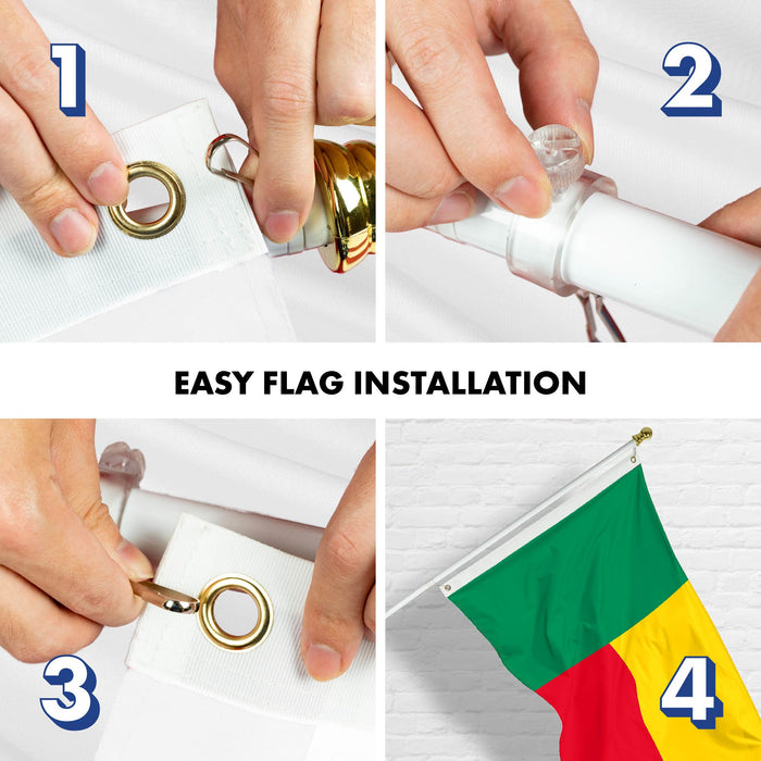G128 Combo Pack: 6 Ft Tangle Free Aluminum Spinning Flagpole (White) & Benin Beninese Flag 3x5 Ft, LiteWeave Pro Series Printed 150D Polyester | Pole with Flag Included