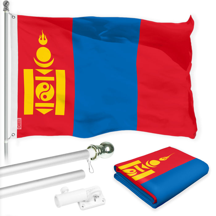 G128 Combo Pack: 6 Ft Tangle Free Aluminum Spinning Flagpole (Silver) & Mongolia Mongolian Flag 3x5 Ft, LiteWeave Pro Series Printed 150D Polyester | Pole with Flag Included