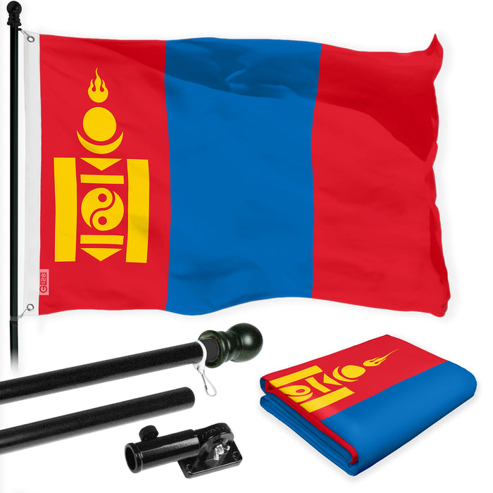 G128 Combo Pack: 6 Ft Tangle Free Aluminum Spinning Flagpole (Black) & Mongolia Mongolian Flag 3x5 Ft, LiteWeave Pro Series Printed 150D Polyester | Pole with Flag Included