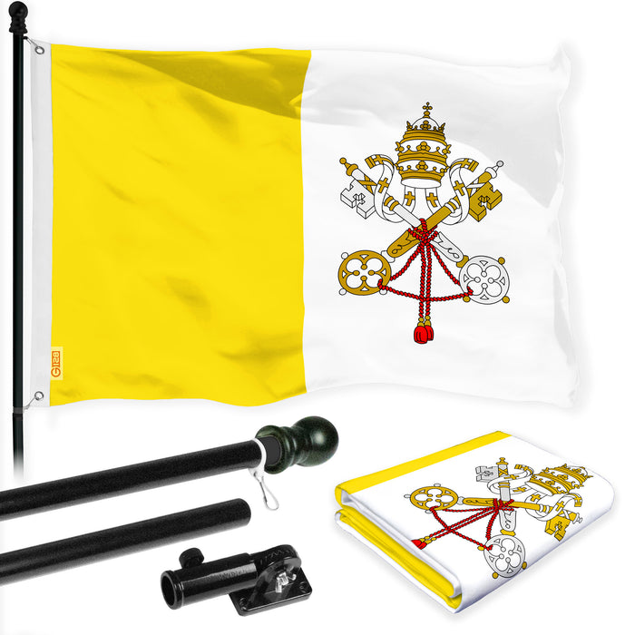 G128 Combo Pack: 6 Ft Tangle Free Aluminum Spinning Flagpole (Black) & Vatican City Flag 3x5 Ft, LiteWeave Pro Series Printed 150D Polyester | Pole with Flag Included