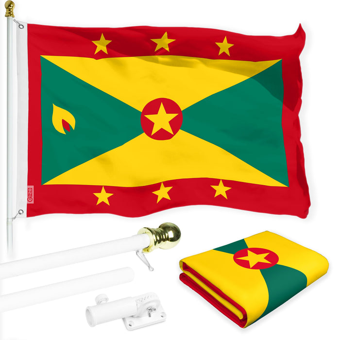 G128 Combo Pack: 6 Ft Tangle Free Aluminum Spinning Flagpole (White) & Grenada Grenadian Flag 3x5 Ft, LiteWeave Pro Series Printed 150D Polyester | Pole with Flag Included