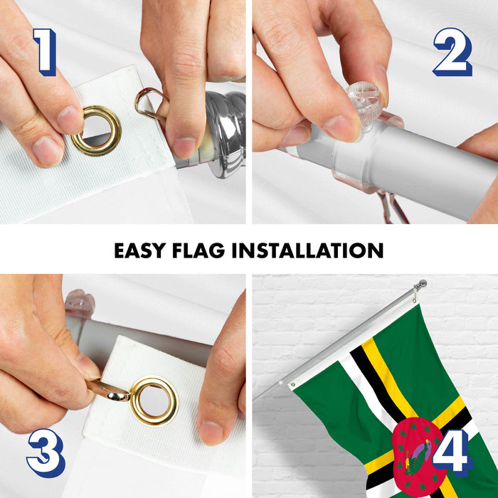 G128 Combo Pack: 6 Ft Tangle Free Aluminum Spinning Flagpole (Silver) & Dominica Dominican Flag 3x5 Ft, LiteWeave Pro Series Printed 150D Polyester | Pole with Flag Included