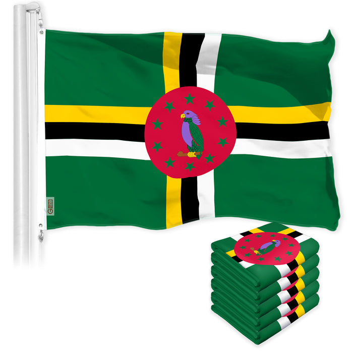 G128 5 Pack: Dominica Dominican Flag | 3x5 Ft | LiteWeave Pro Series Printed 150D Polyester | Country Flag, Indoor/Outdoor, Vibrant Colors, Brass Grommets, Thicker and More Durable Than 100D 75D Poly