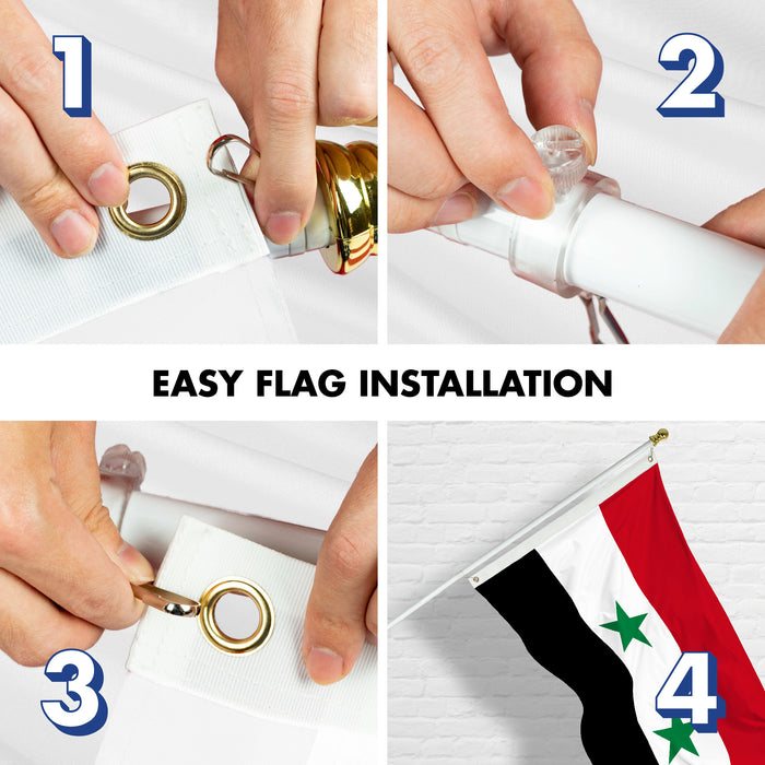 G128 Combo Pack: 6 Ft Tangle Free Aluminum Spinning Flagpole (White) & Syria Syrian Flag 3x5 Ft, LiteWeave Pro Series Printed 150D Polyester | Pole with Flag Included