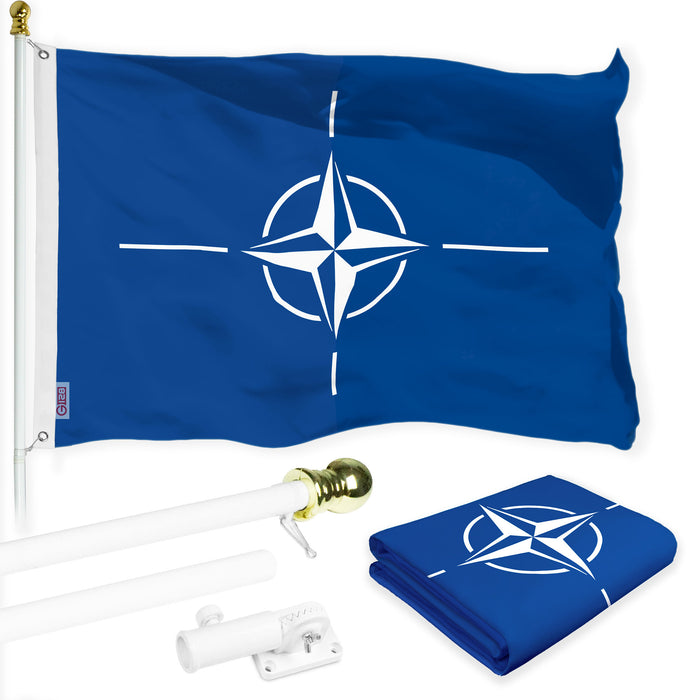 G128 Combo Pack: 6 Ft Tangle Free Aluminum Spinning Flagpole (White) & North Atlantic Treaty Org NATO Flag 3x5 Ft, LiteWeave Pro Series Printed 150D Polyester | Pole with Flag Included