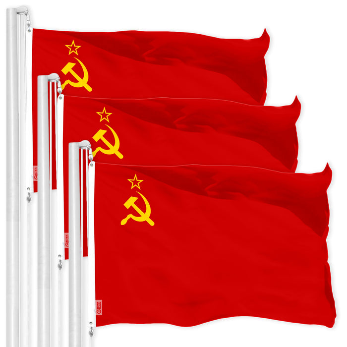 G128 3 Pack: Union of Soviet Socialist Republics USSR Flag | 3x5 Ft | LiteWeave Pro Series Printed 150D Poly | Indoor/Outdoor, Vibrant Colors, Brass Grommets, Thicker and More Durable Than 100D 75D