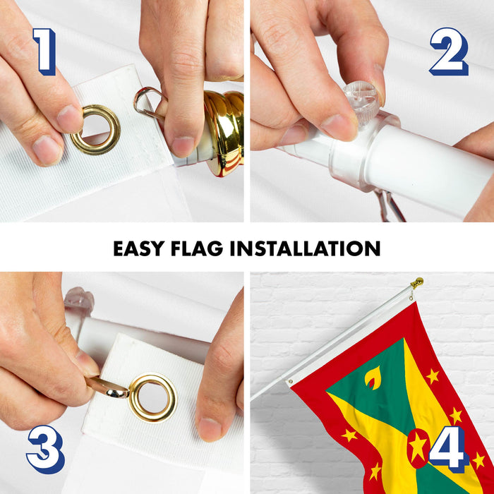 G128 Combo Pack: 6 Ft Tangle Free Aluminum Spinning Flagpole (White) & Grenada Grenadian Flag 3x5 Ft, LiteWeave Pro Series Printed 150D Polyester | Pole with Flag Included