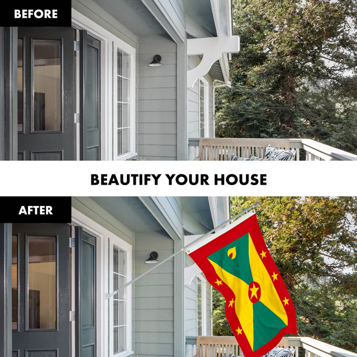 G128 Combo Pack: 6 Ft Tangle Free Aluminum Spinning Flagpole (Silver) & Grenada Grenadian Flag 3x5 Ft, LiteWeave Pro Series Printed 150D Polyester | Pole with Flag Included