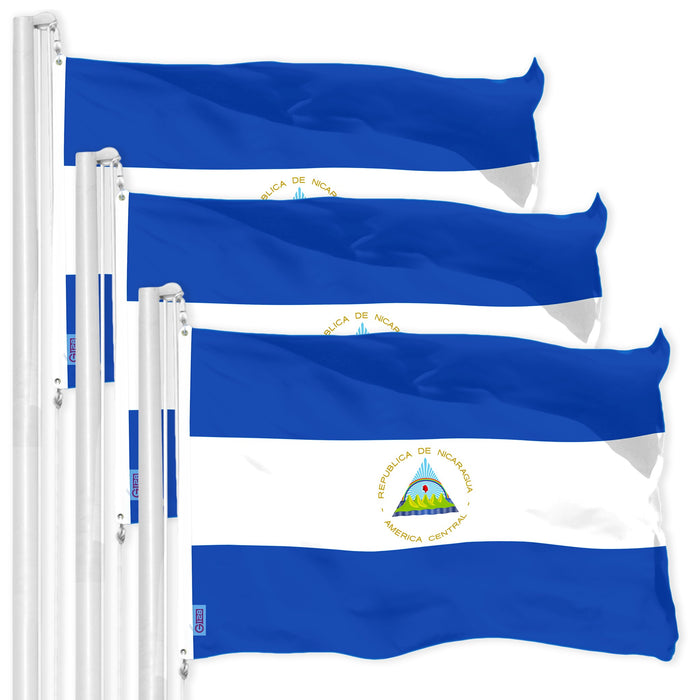G128 3 Pack: Nicaragua Nicaraguan Flag | 3x5 Ft | LiteWeave Pro Series Printed 150D Poly | Country Flag, Indoor/Outdoor, Vibrant Colors, Brass Grommets, Thicker and More Durable Than 100D 75D Poly