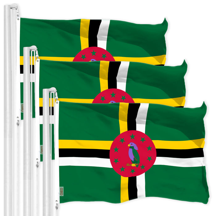 G128 3 Pack: Dominica Dominican Flag | 3x5 Ft | LiteWeave Pro Series Printed 150D Polyester | Country Flag, Indoor/Outdoor, Vibrant Colors, Brass Grommets, Thicker and More Durable Than 100D 75D Poly