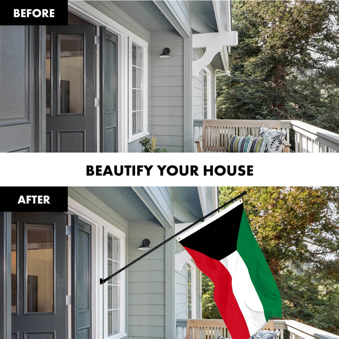 G128 Combo Pack: 6 Ft Tangle Free Aluminum Spinning Flagpole (Black) & Kuwait Kuwaiti Flag 3x5 Ft, LiteWeave Pro Series Printed 150D Polyester | Pole with Flag Included