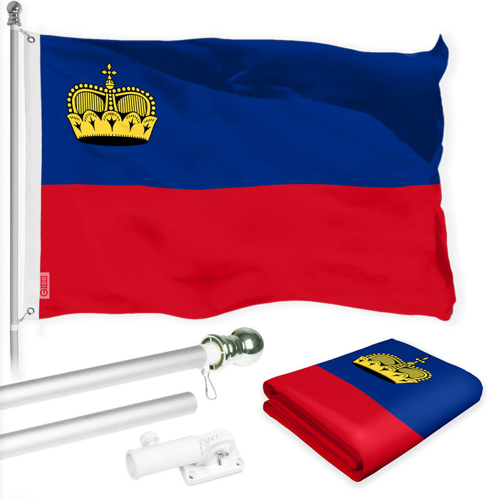 G128 Combo Pack: 6 Ft Tangle Free Aluminum Spinning Flagpole (Silver) & Liechtenstein Liechtensteiner Flag 3x5 Ft, LiteWeave Pro Series Printed 150D Polyester | Pole with Flag Included