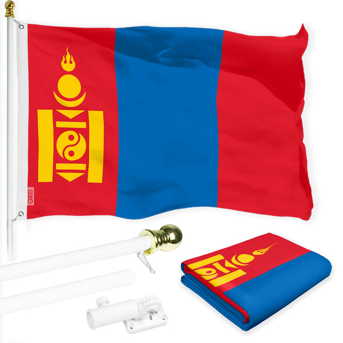 G128 Combo Pack: 6 Ft Tangle Free Aluminum Spinning Flagpole (White) & Mongolia Mongolian Flag 3x5 Ft, LiteWeave Pro Series Printed 150D Polyester | Pole with Flag Included