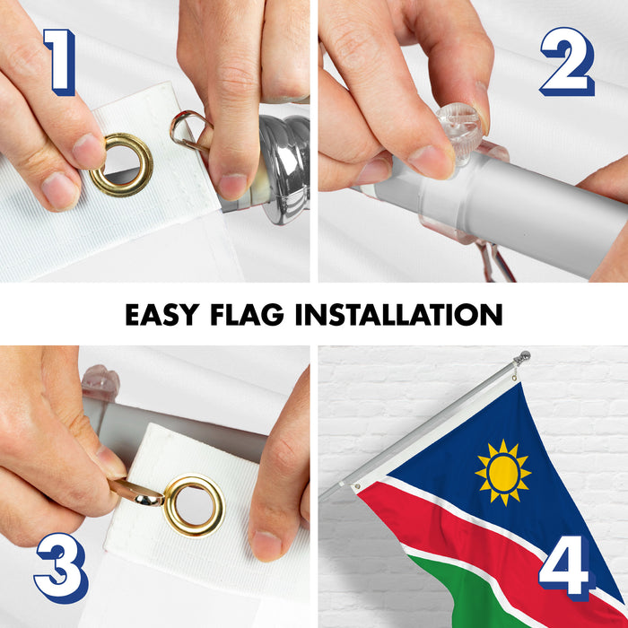 G128 Combo Pack: 6 Ft Tangle Free Aluminum Spinning Flagpole (Silver) & Namibia Namibian Flag 3x5 Ft, LiteWeave Pro Series Printed 150D Polyester | Pole with Flag Included