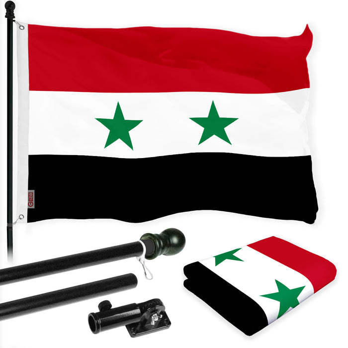 G128 Combo Pack: 6 Ft Tangle Free Aluminum Spinning Flagpole (Black) & Syria Syrian Flag 3x5 Ft, LiteWeave Pro Series Printed 150D Polyester | Pole with Flag Included