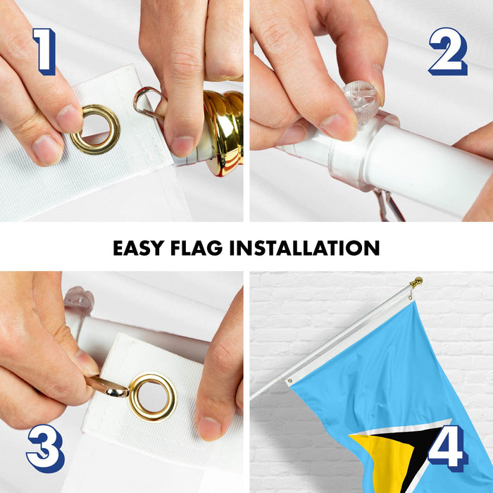 G128 Combo Pack: 6 Ft Tangle Free Aluminum Spinning Flagpole (White) & Saint Lucia Saint Lucian Flag 3x5 Ft, LiteWeave Pro Series Printed 150D Polyester | Pole with Flag Included