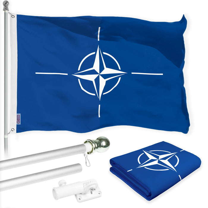 G128 Combo Pack: 6 Ft Tangle Free Aluminum Spinning Flagpole (Silver) & North Atlantic Treaty Org NATO Flag 3x5 Ft, LiteWeave Pro Series Printed 150D Polyester | Pole with Flag Included