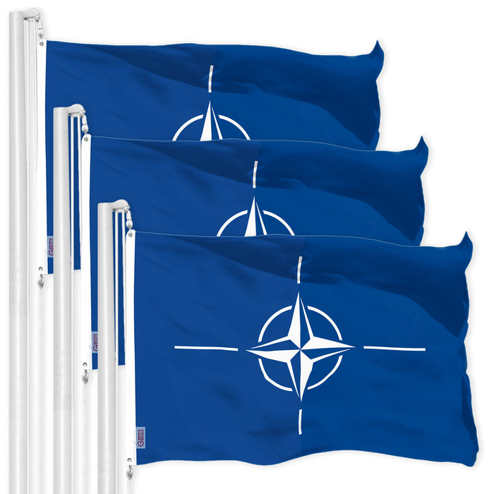 G128 3 Pack: North Atlantic Treaty Org NATO Flag | 3x5 Ft | LiteWeave Pro Series Printed 150D Polyester | Indoor/Outdoor, Vibrant Colors, Brass Grommets, Thicker and More Durable Than 100D 75D Poly