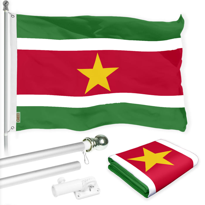 G128 Combo Pack: 6 Ft Tangle Free Aluminum Spinning Flagpole (Silver) & Suriname Surinamese Flag 3x5 Ft, LiteWeave Pro Series Printed 150D Polyester | Pole with Flag Included