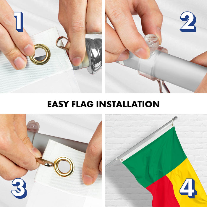 G128 Combo Pack: 6 Ft Tangle Free Aluminum Spinning Flagpole (Silver) & Benin Beninese Flag 3x5 Ft, LiteWeave Pro Series Printed 150D Polyester | Pole with Flag Included